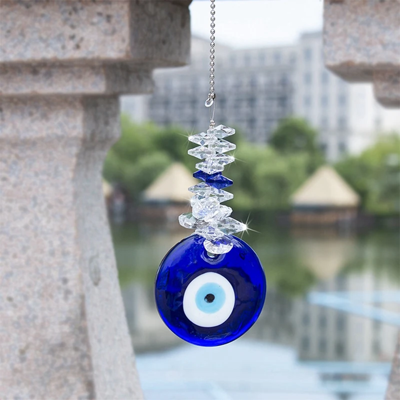 Blue Glass Eye Pendant With Crystal Beads - Good Luck Charm, Home, Office, Car Decoration, Blessing Ornament Easy To Use