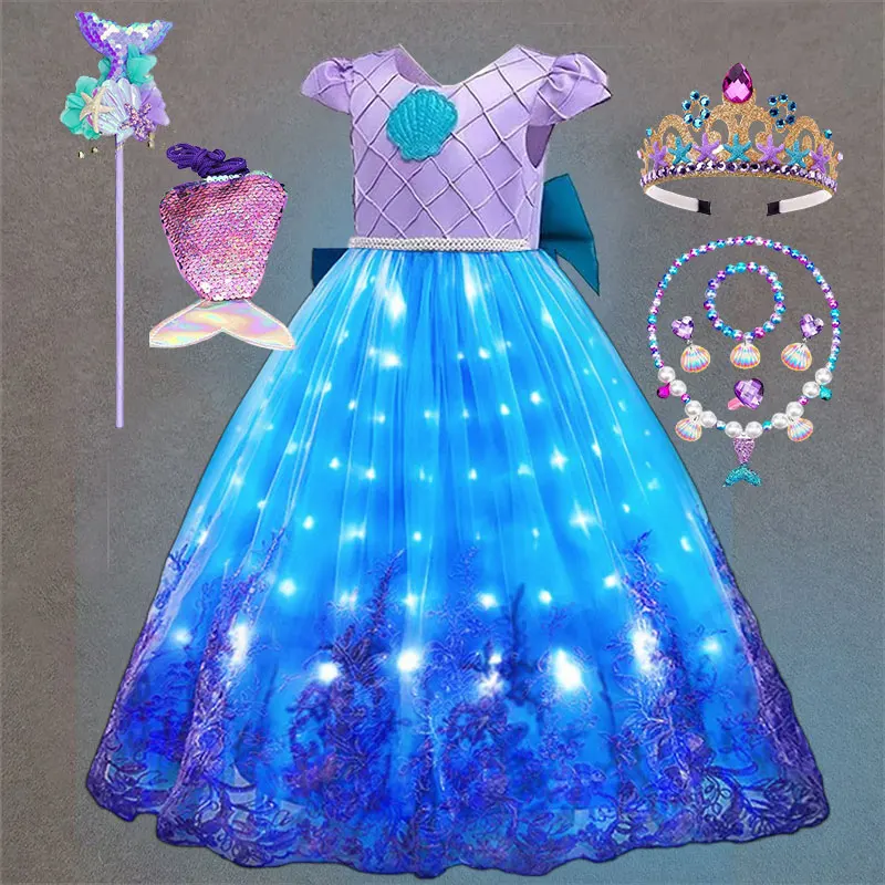 Fairy Tale The Little Mermaid Costume Glowing Princess Ball Gown ‌Featured with Embroidery Deluxe Carnival Human Ariel Dress