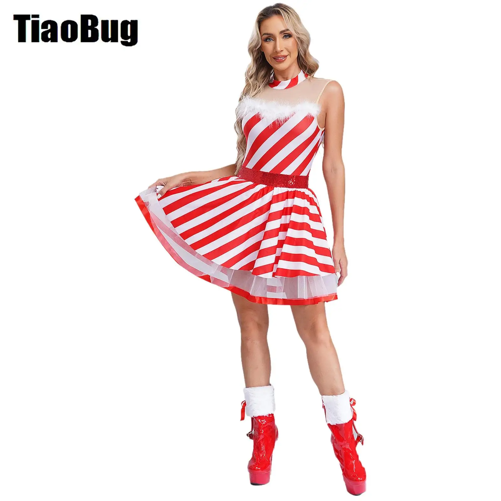 

Women Christmas Party Dress Candy Cane Party Costume Sleeveless Sequins Striped Tutu Dress Dance Dress Figure Skating Bodysuit