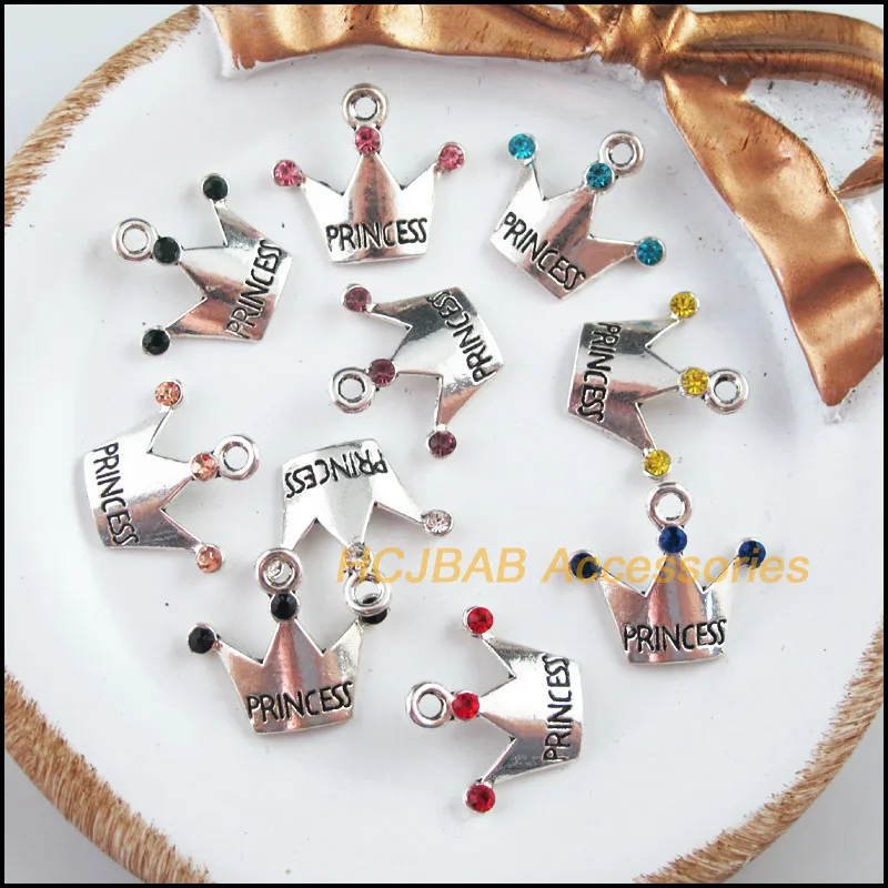 Fashion 20Pcs Tibetan Silver Plated Princess Crown Mixed Crystal Charms Pendants 17x19mm