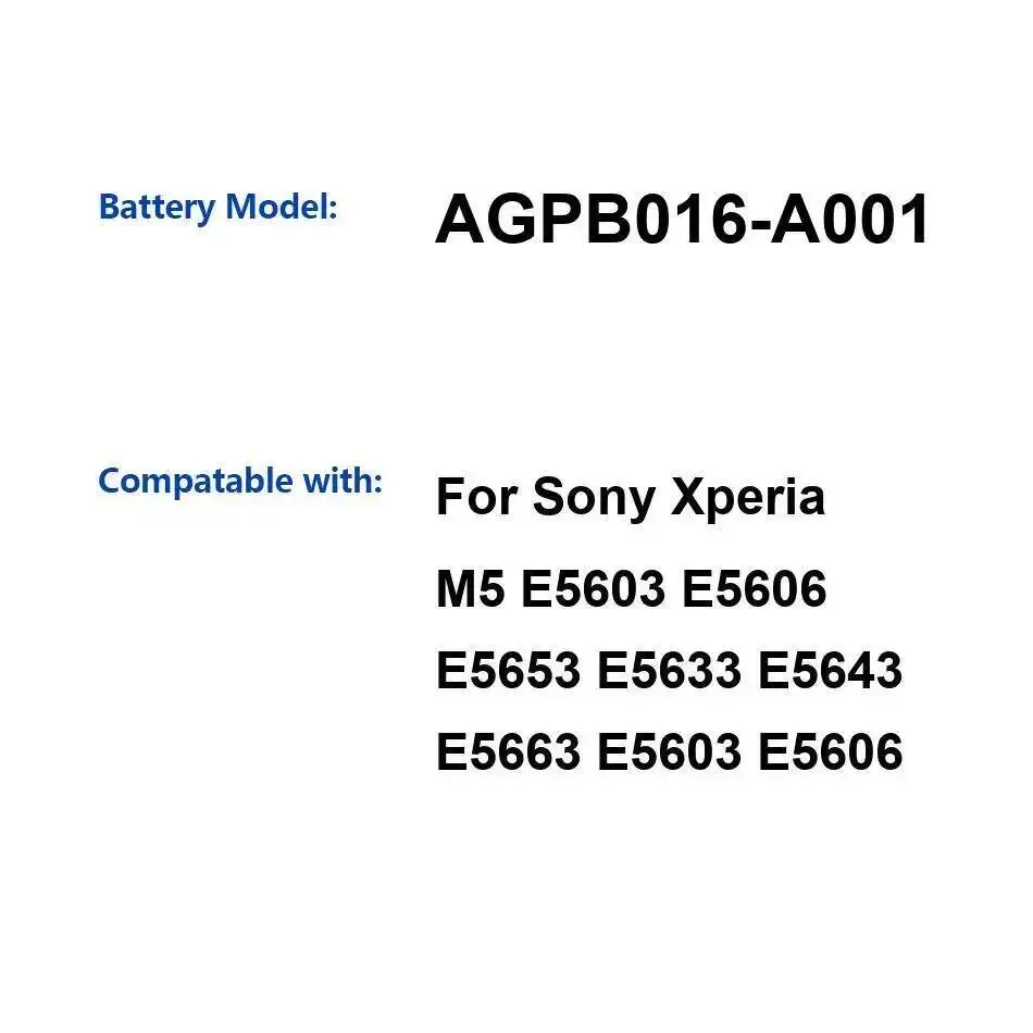 

Аккумулятор мобильного телефона 2600 мАч для Sony Xperia M5 E5603 E5606 E5653 E5633 E5643 E5663 Быстрая зарядка AGPB016-A001