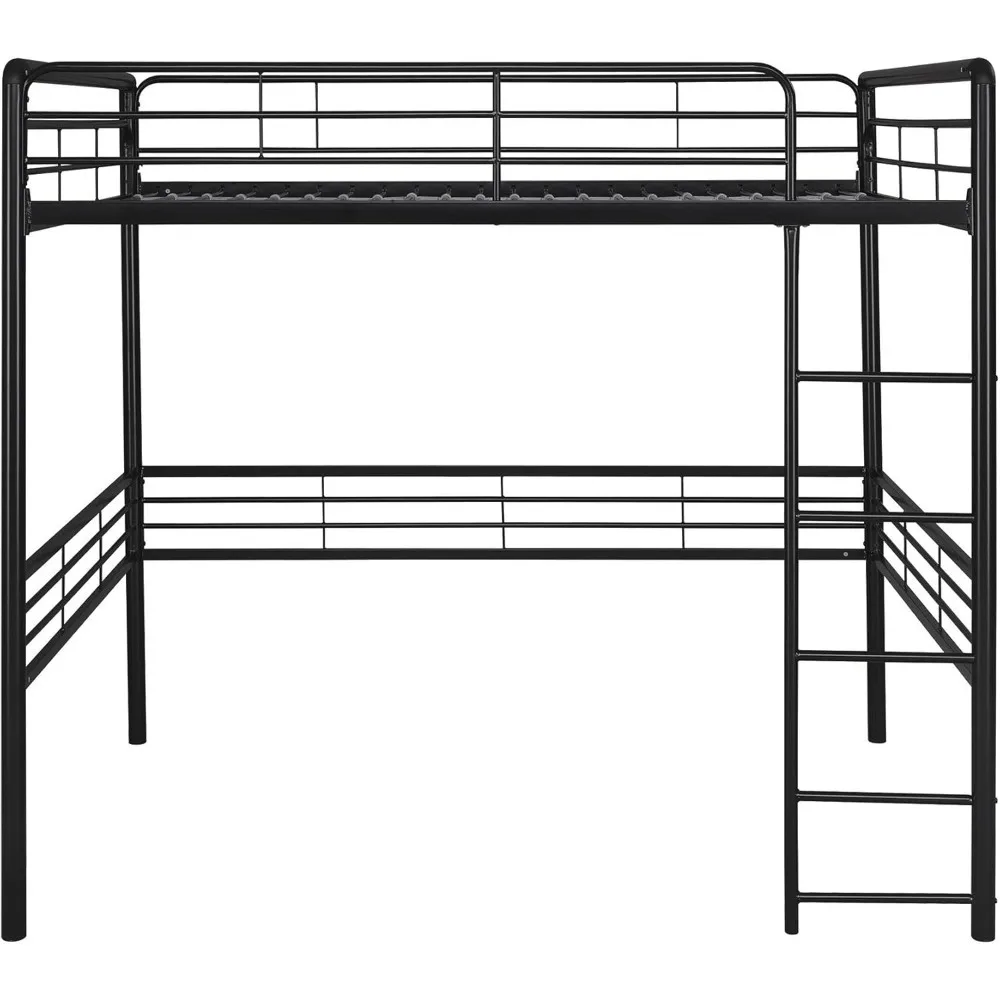 Full metal loft bed with ladder space saving design, bed can accommodate full size mattress, black