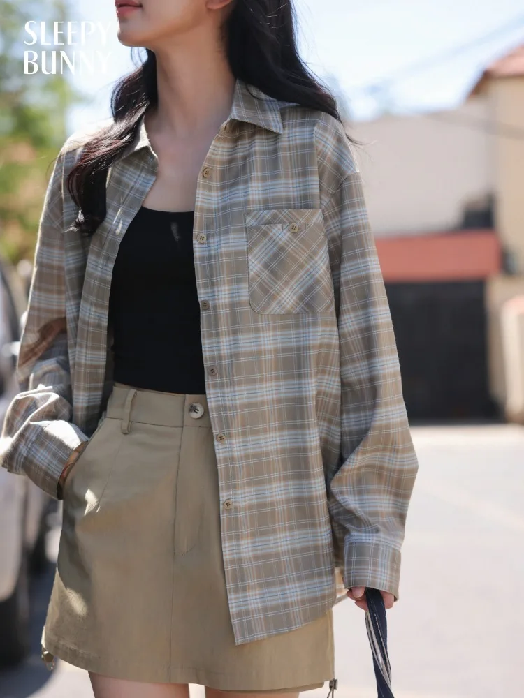 

Vintage Plaid Long Sleeve Shirt Women Loose Lightweight Button Down Blouse Summer Sun Protection Outerwear Casual or Office Look