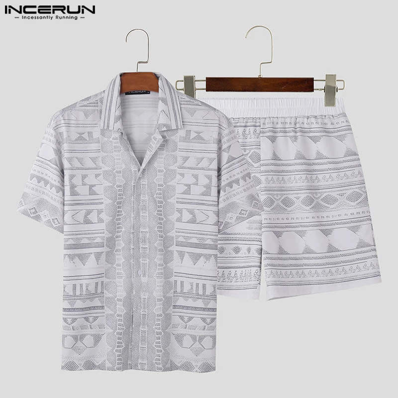 INCERUN 2024 Korean Style Sets Men\'s Summer Short Sleeved Shirts Shorts Fashion Sexy Male Irregular Printed Two-piece Sets S-5XL