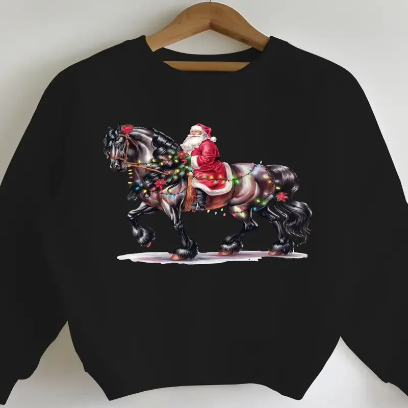 Fall Winter Plus Size Women Sweatshirt Oversize Female Clothes Friesian Horse Santa Art Graphic Top Breathable Soft Warm Fabric