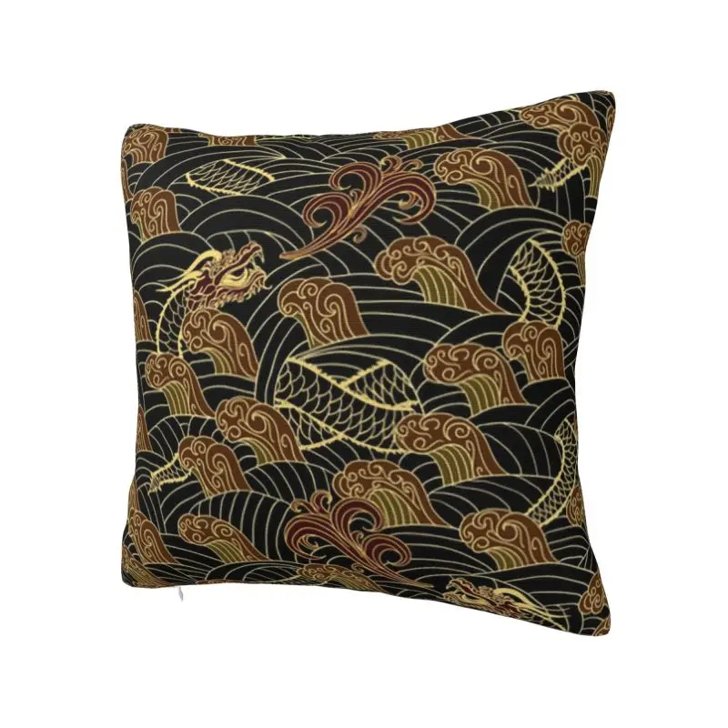 Custom Black And Gold Dragons Modern Pillow Cover Decoracion Salon Case Japanese Wave Sofa Cushion