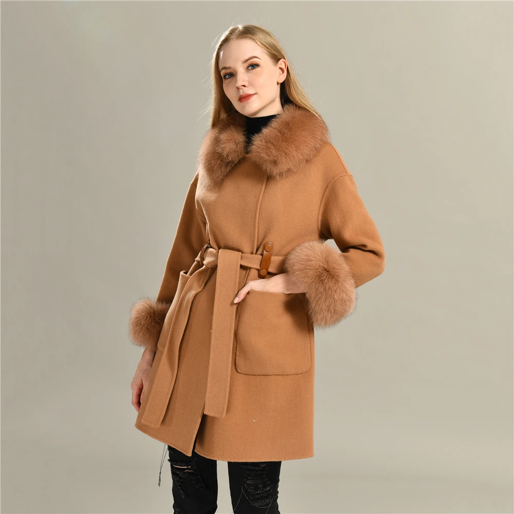 Luxyonuo Cashmere Wool Coat Women Luxury Real Fur Collar High-end Double Face Cashmere Jacket Belt Autum New Winter Warm Outwear