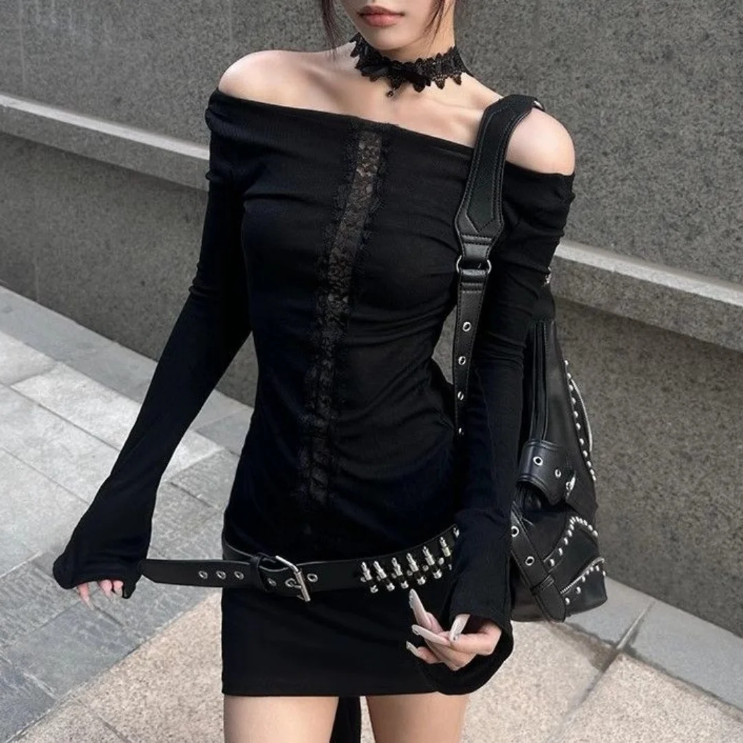

2026 Spring Autumn Women's Y2K Off Shoulder Long Sleeve Tee Slim Fit Lace Patchwork Hollow Out Hot Girl Trendy Base Top