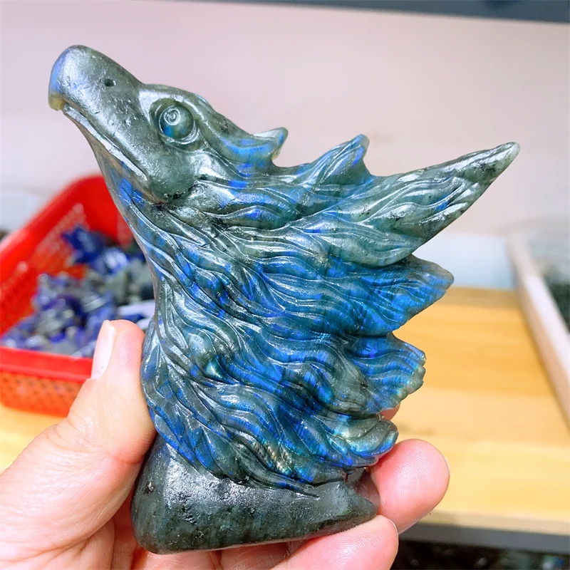 Natural Labradorite Eagle Head Carving Animal Statue Healing Energy Lucky Gem Crafts For Home Room Decoration 1pcs