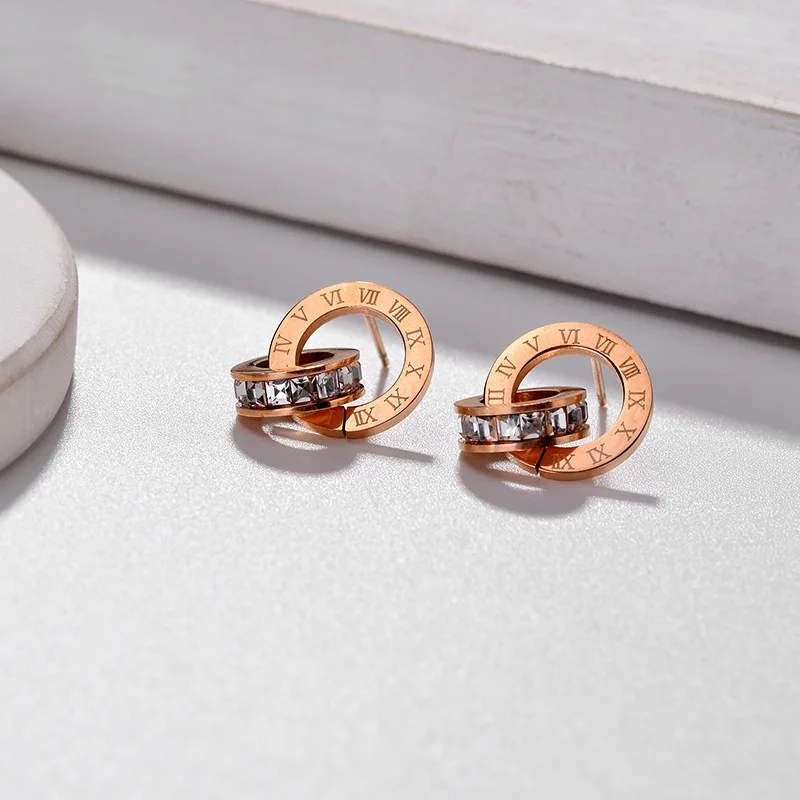 Classic Roman Numeral Crystal Earrings for Women Stainless Steel Luxury Elegant Fashion Wedding Party Jewelry Gift