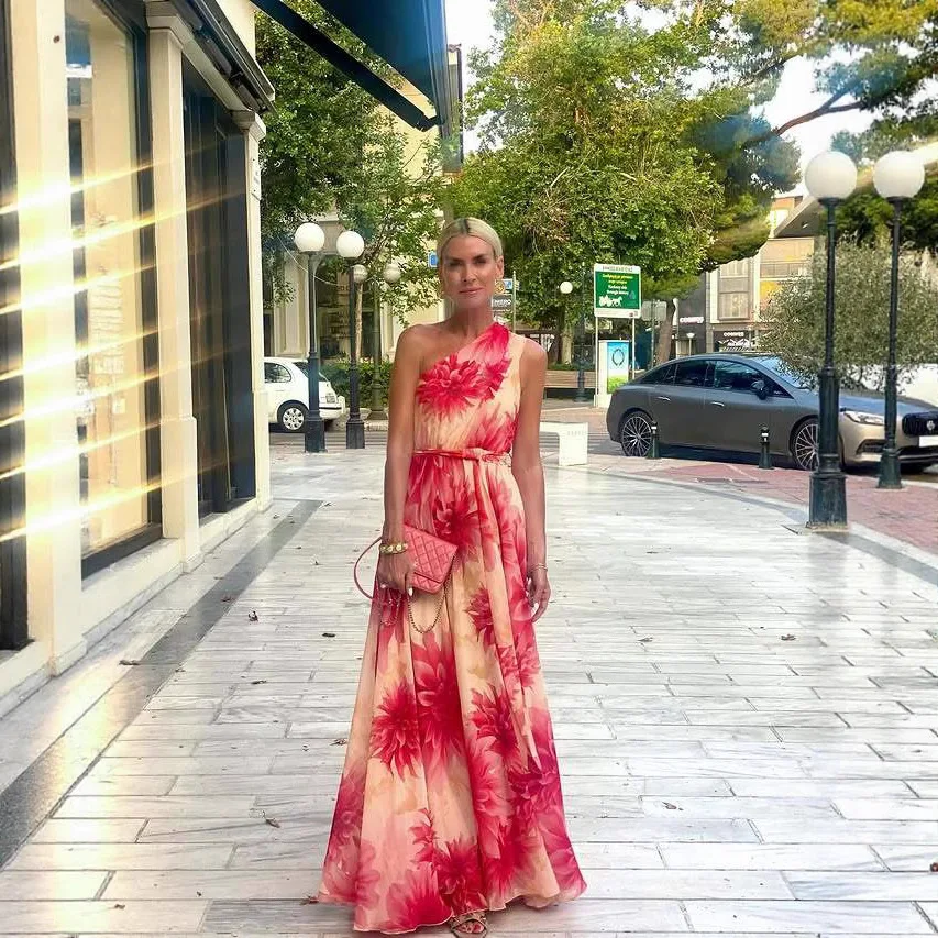 

Summer Print Sleeveless Long Dresses Women Slanted Collar Off Shoulder High Waist Party Dress Fashion Elegant Lady Maxi Vestidos