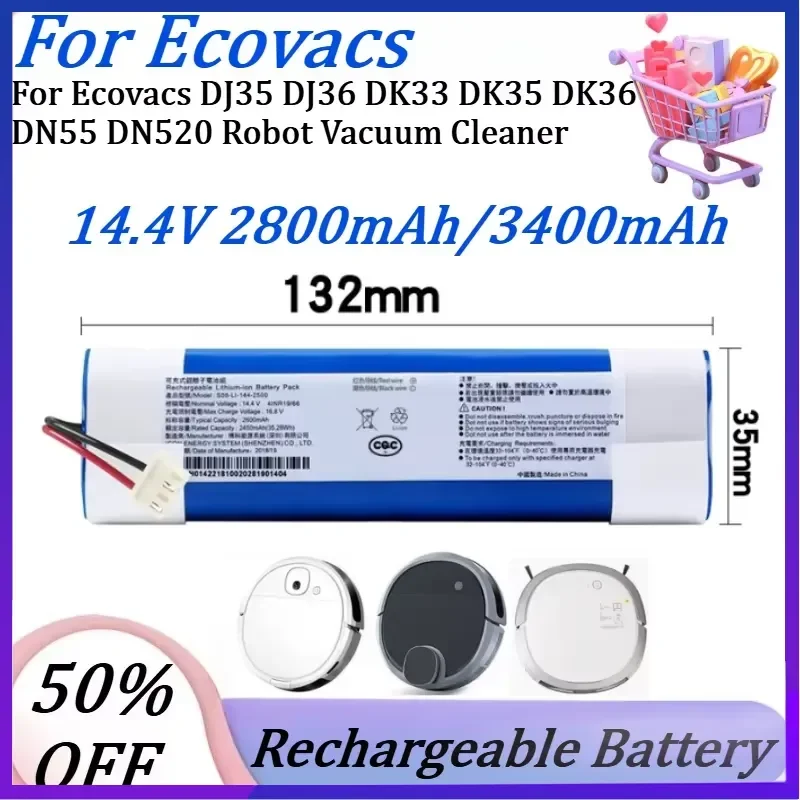 New 14.4V 2800mAh/3400mAh Replacement Li‑ion Battery For Ecovacs DJ35 DJ36 DK33 DK35 DK36 DN55 DN520 Robot Vacuum Cleaner