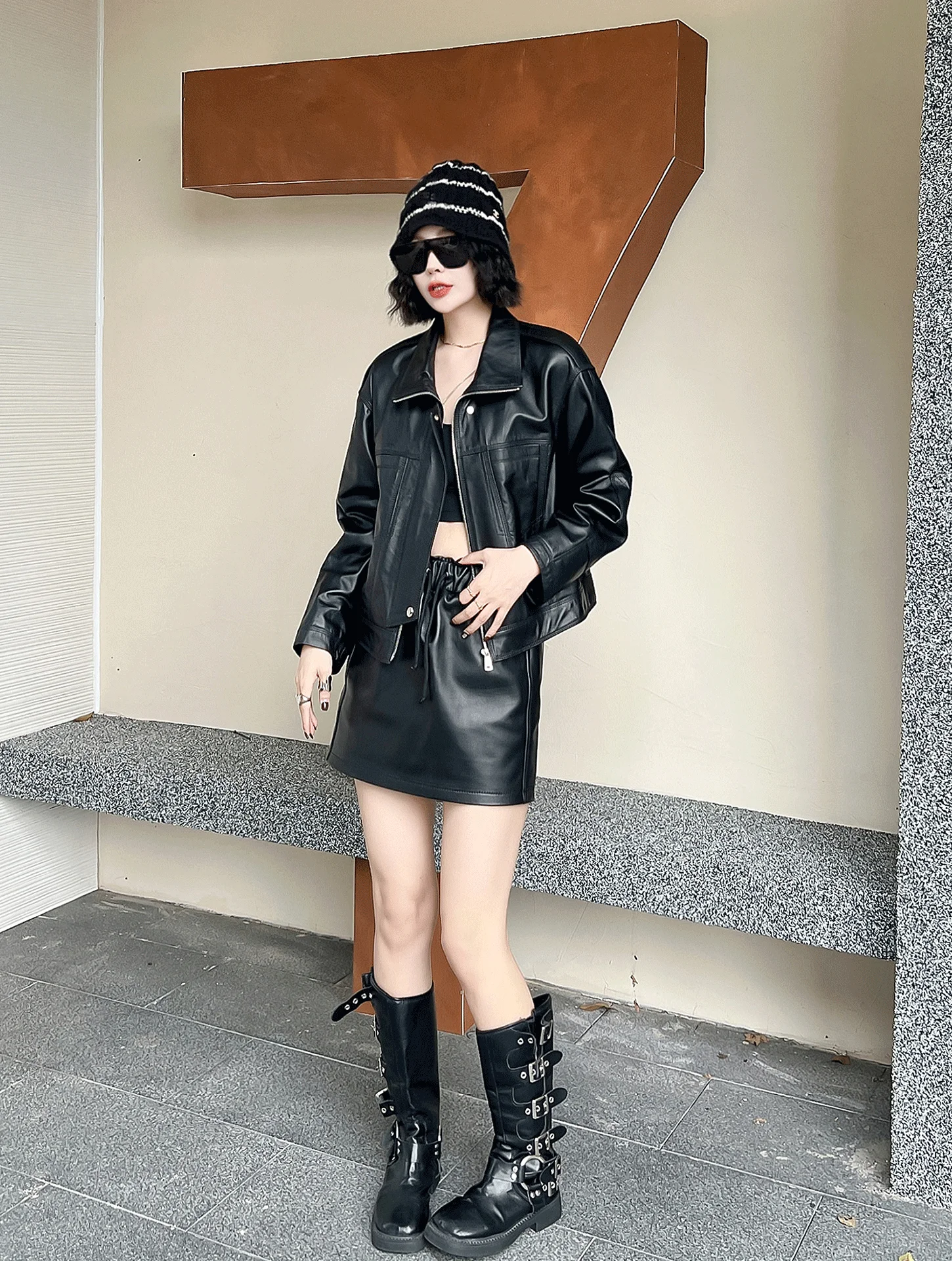 Casaco de Couro Retro para Mulheres, Estilo Biker, Ajuste Solto, Com Fecho de Zíper, Casaco Longo