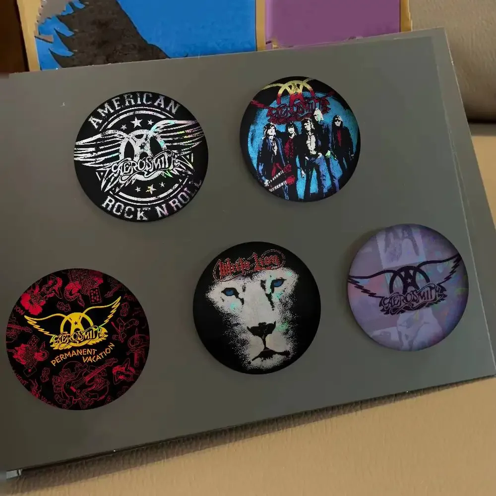 Rock Band Laser Creative Pins Funny Round Snap-in Brooch Badge Backpack Hat Accessories Jewelry Gifts for Friend  A-Aerosmith
