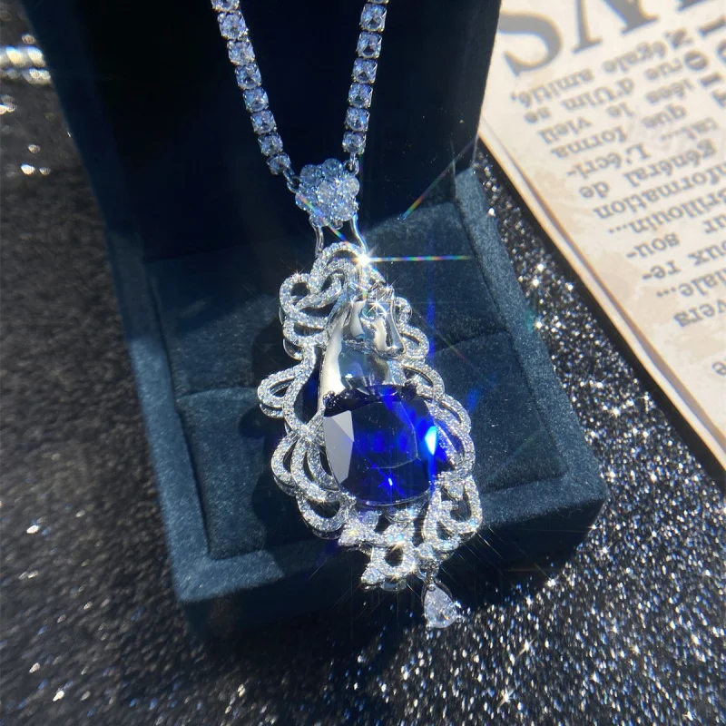 Haute Couture Heavy Craft Royal Blue Sapphire Goddess Style Success and Glory Elegant Evening Dress Pendant Necklace for Women