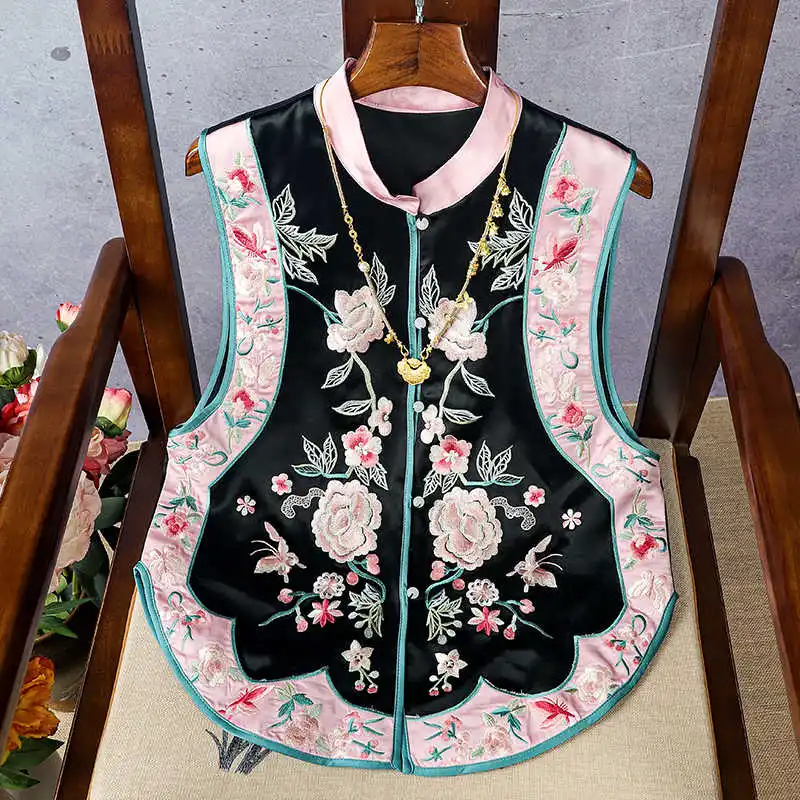 

Spring /Summer New High Quality Chinese Style Standing Collar Women's Sleeveless Top Vintage Flower Embroidery Short Vest S-XXL