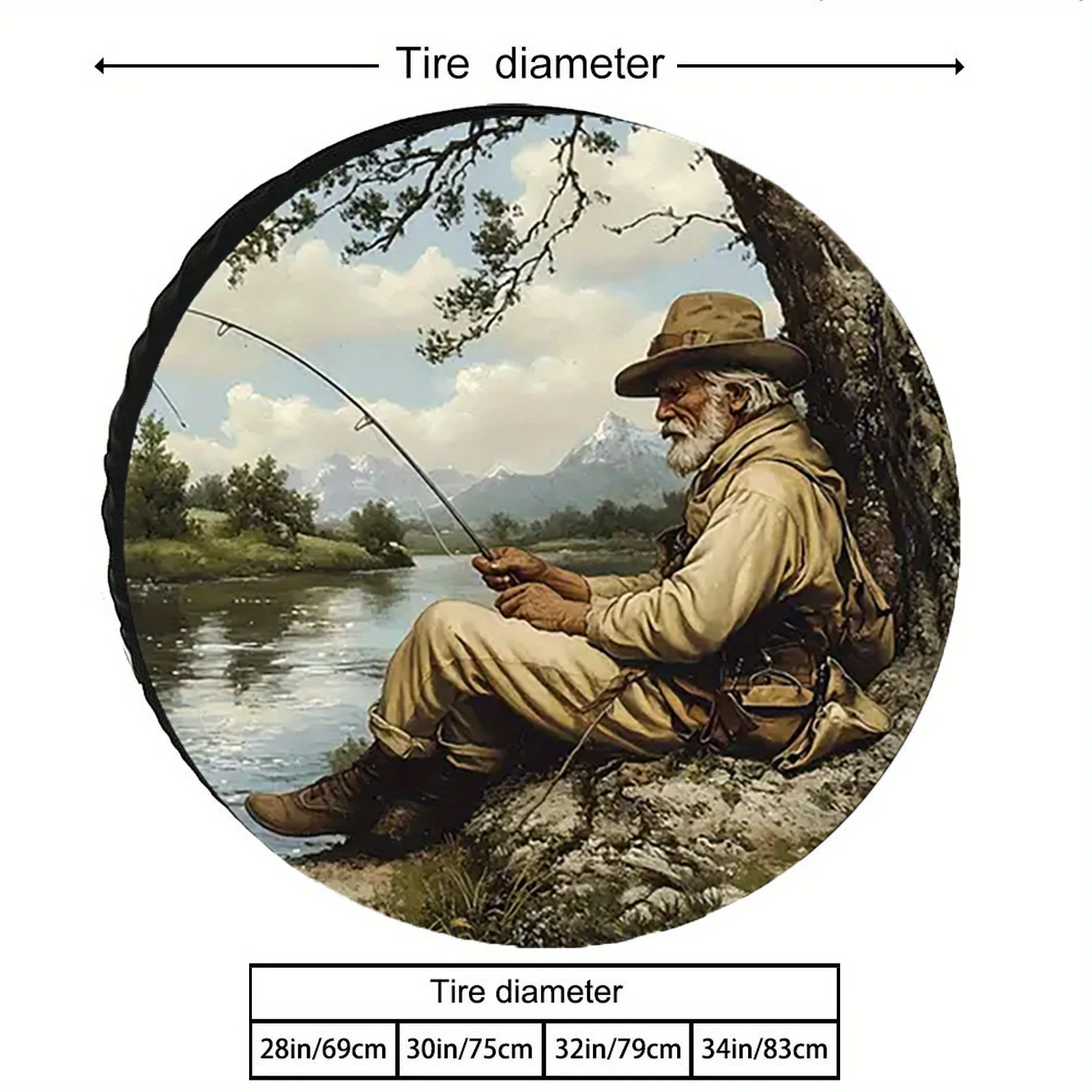 Old Man Fishing Scene Tire Cover Polyester RV Trailer SUV Spare Wheel Protector