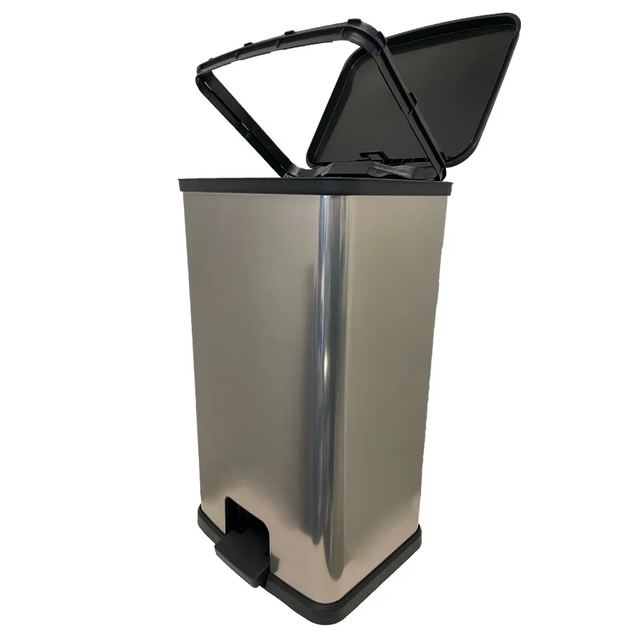 

Kitchen Trash Can with Step-Open Lid 13.2 Gallon Plastic Garbage Bin for Countertop Use Silver Finish Hands-Free Operation Odor