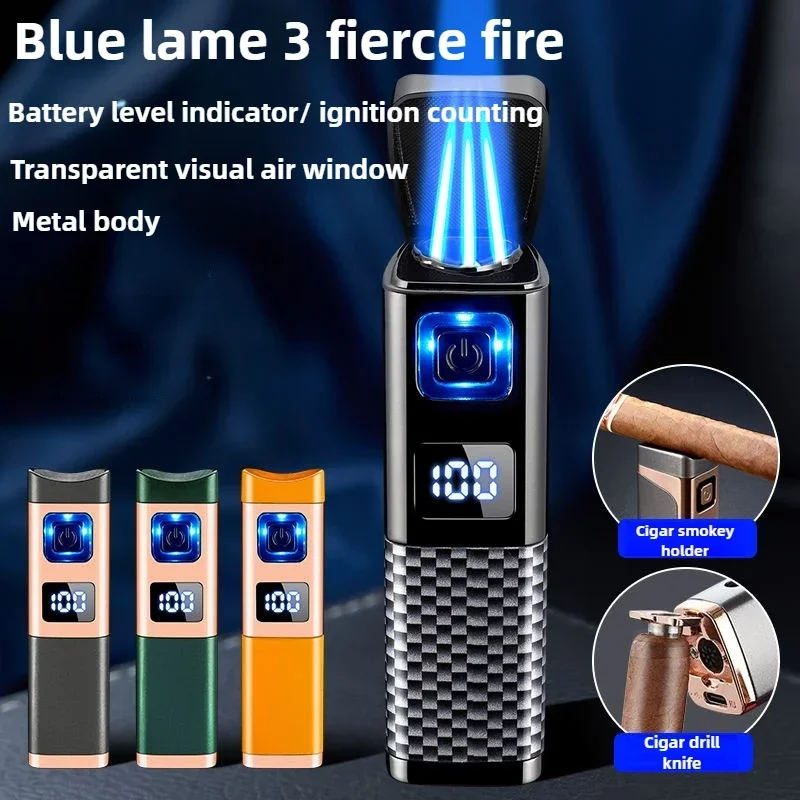 Three Direct Charging Power Display with Cigar Punch and Windproof Cigar Special Gas and Electric Integrated Portable Lighter