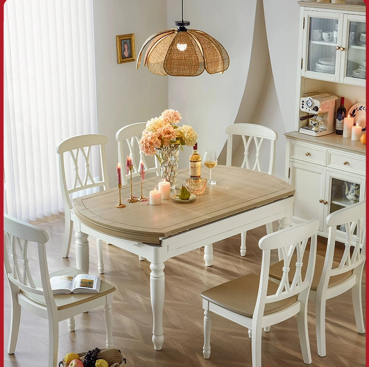 

PYJ American white dining table retractable folding household retro all solid wood dining table and chair combination