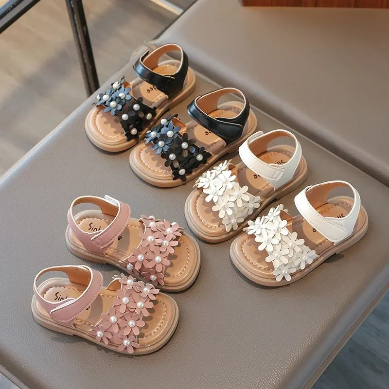 Girls Sandals Kids Beach Shoes Princess Sweet Flowers with Pearls Beads Fashion 2025 Brand New Summer Open Toes Anti-skid Tide