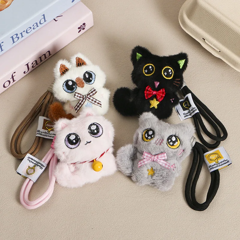 Cute Big Eye Cat Plush Keychain, 8 Styles Kawaii Cat Stuffed Pendant with Wrist Strap, Soft Fluffy for Gifts.