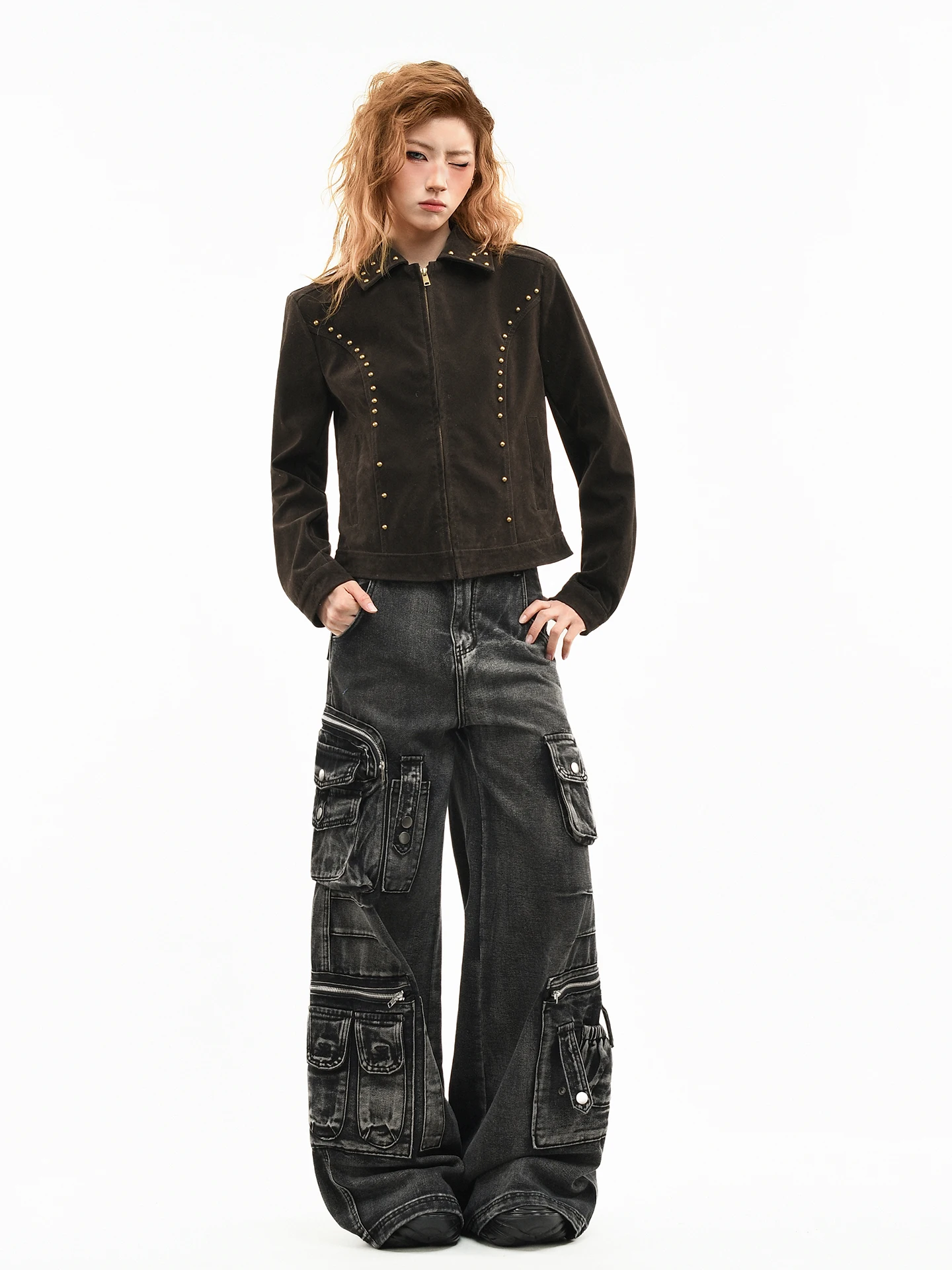 OV Original American Retro Rivet Design Leather Velvet Collar Jaet Women's Spring Harington Slim Fit ort Coat Trendy