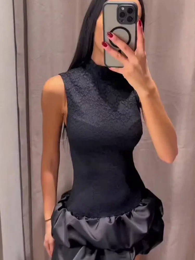 HH femmes hiver mode col montant épissé ​ ​ Robe courte en dentelle tempérament féminin robe noire polyvalente sans manches avec fermeture éclair