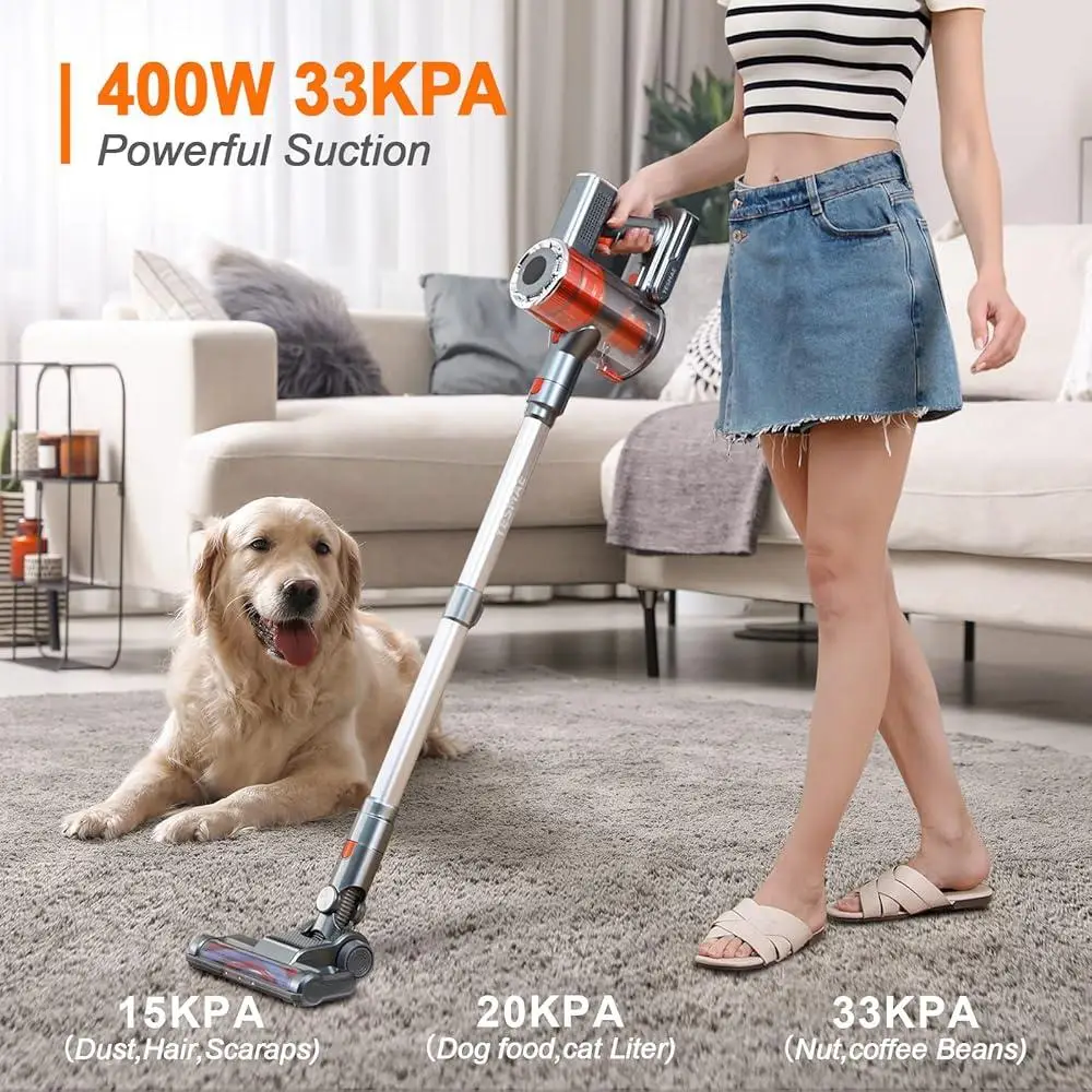 Aspiradora inalámbrica 400W 33KPa Potente succión 55min Tiempo de ejecución Pantalla táctil Batería desmontable Filtro HEPA Ligero 8
