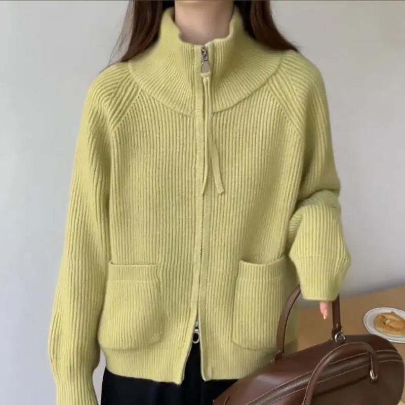 Cárdigan con cuello levantado para niña, abrigo holgado con doble cremallera, prendas de punto gruesas, versátil, viento perezoso, partes superiores nuevas, venta al por mayor, Otoño Invierno