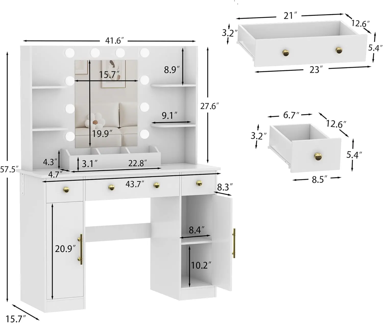Makeup Vanity with Mirror and LED Lights & Power Outlet, 3 Lighting Modes Dressing Table Set for Girls Women Bedroom, Customized