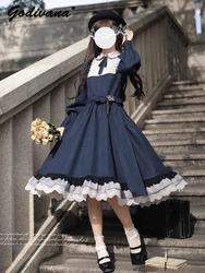 New Autumn Ladies Elegant Retro Navy Blue Plaid Long Sleeve Dress Original Design Women's Slim Calf-length Dresses