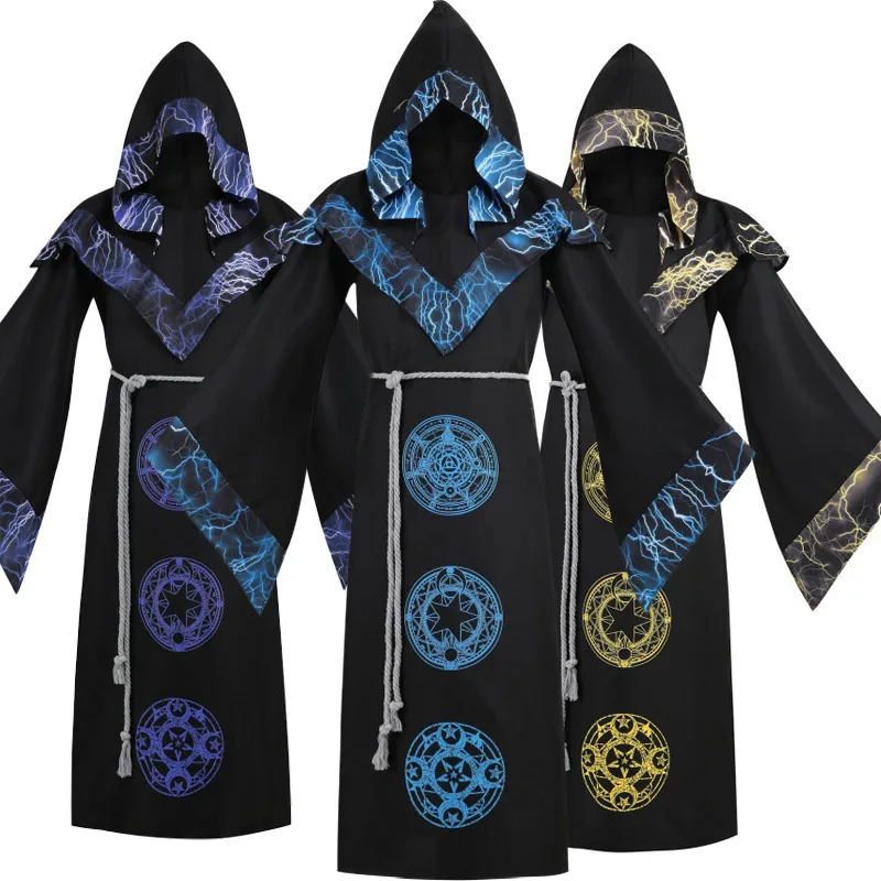 

Хэллоуин Средневековый халат волшебника k Плащ ведьмы с капюшоном Костюм Бал-маскарад Бог Смерти Игровая одежда Женская ханьфу