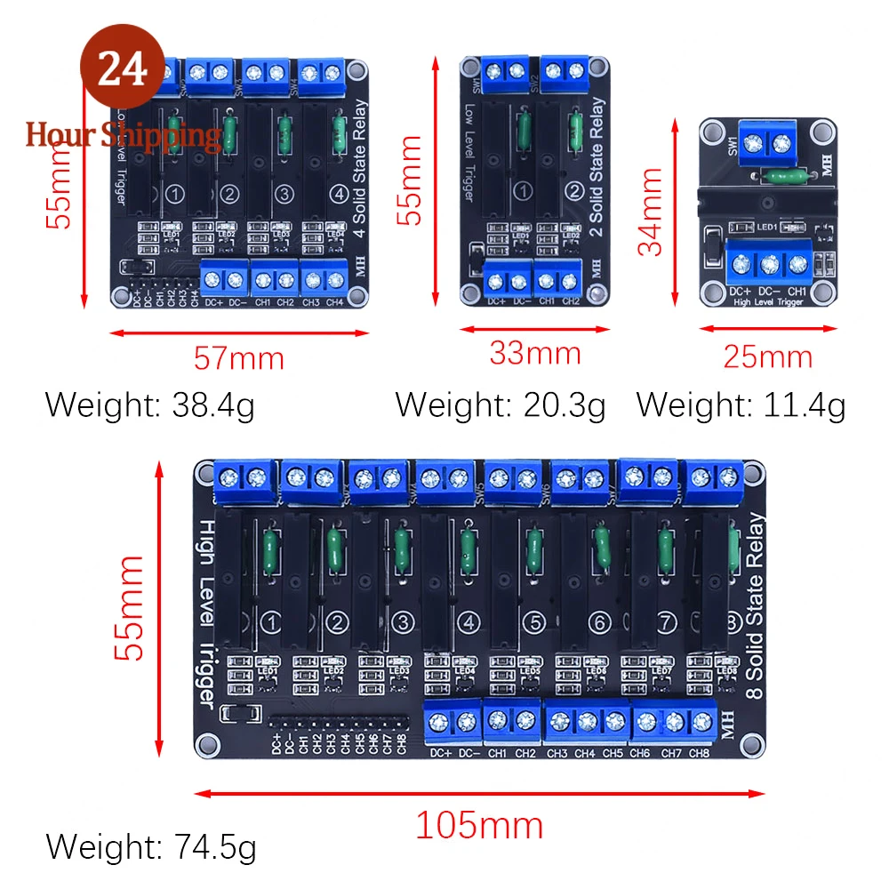 AEAK 1 2 4 8 Channel 5V 12V 24V DC Relay Module Solid State low Level SSR AVR DSP G3MB-202P Relay 250V 2 for Arduino