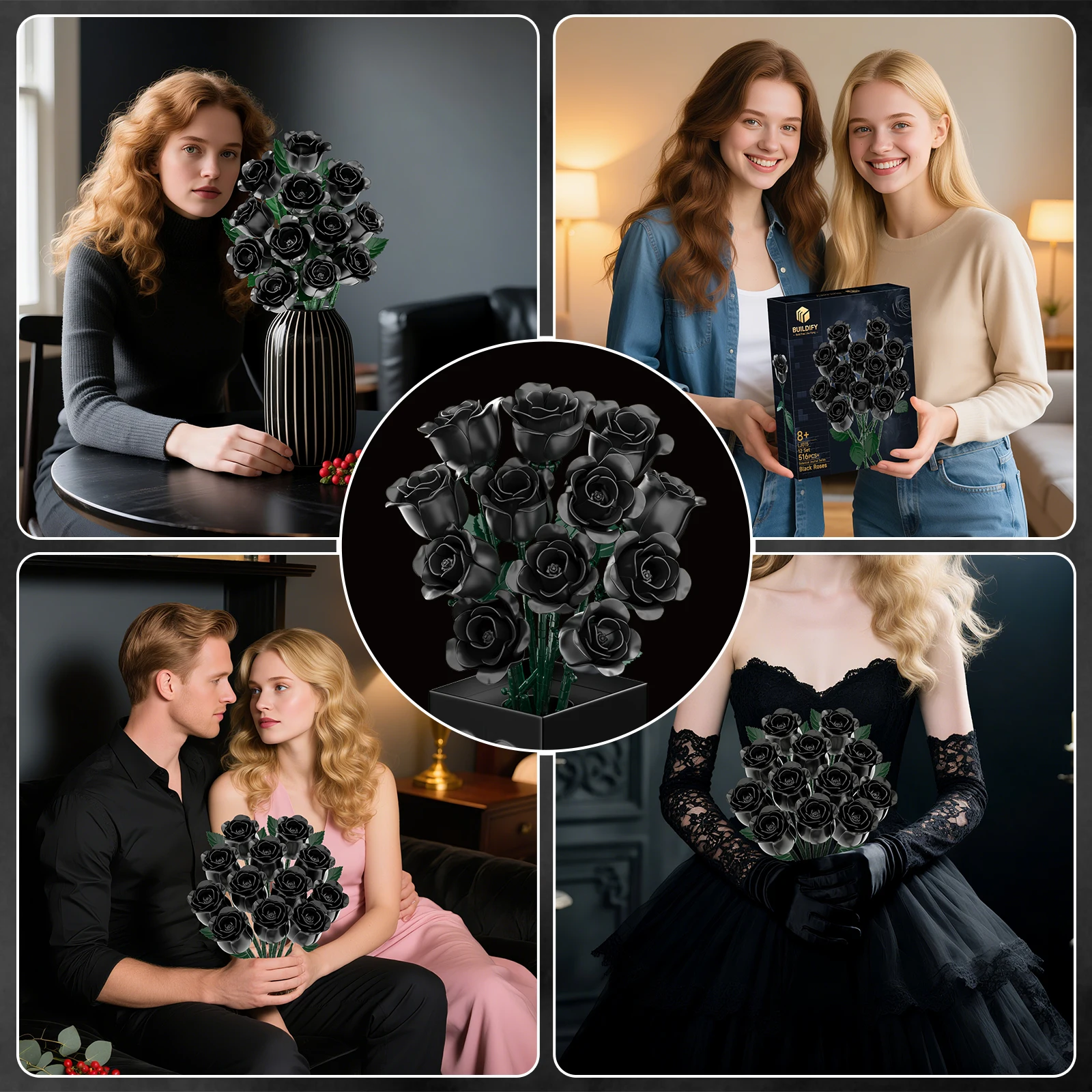 ชุดตัวต่อบล็อกช่อดอกกุหลาบดำ 12 ชิ้น |   ดีไซน์โดดเด่น หรูหรา สไตล์โกธิค |   ของตกแต่งบ้านสไตล์โกธิคและดอกไม้ประดิษฐ์