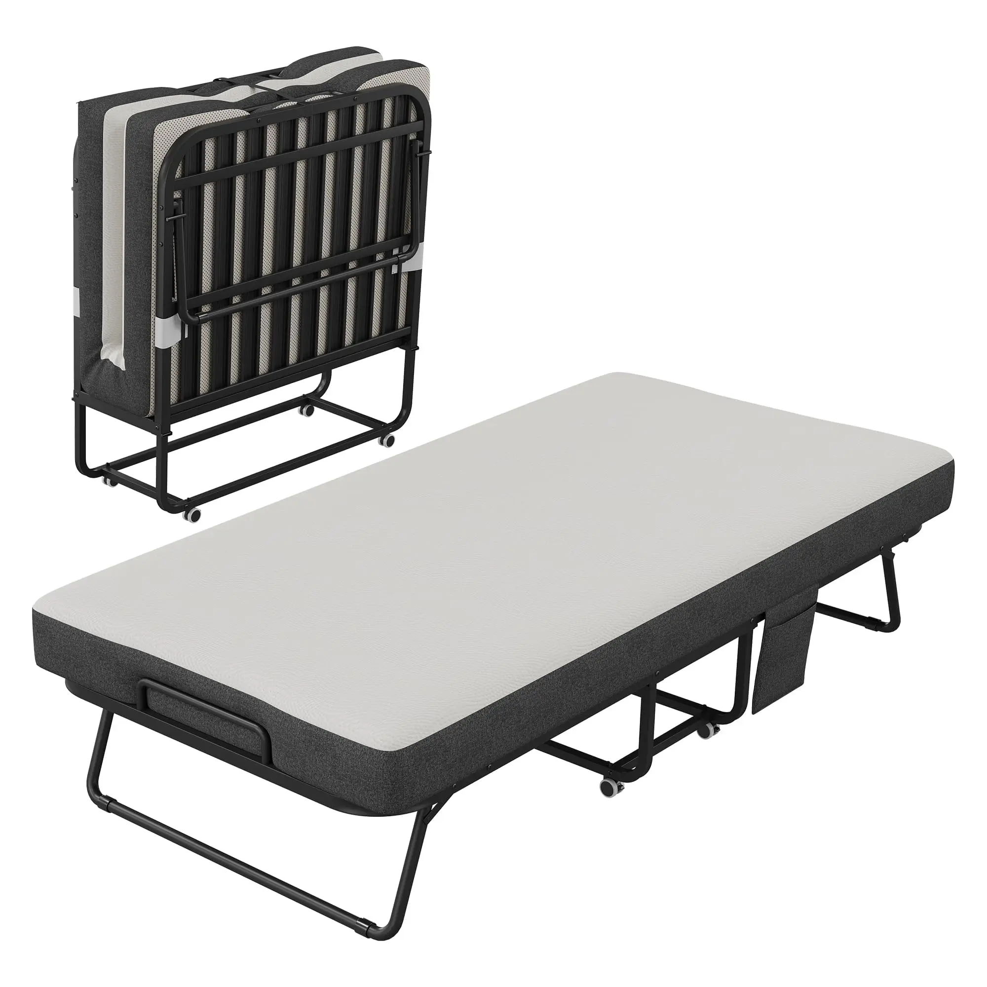 Folding Rollaway Bed 75 x 31/38/45 In With 5 Inch Memory Foam Mattress, Locking Wheels, Side Pocket, Portable Guest Bed For Home