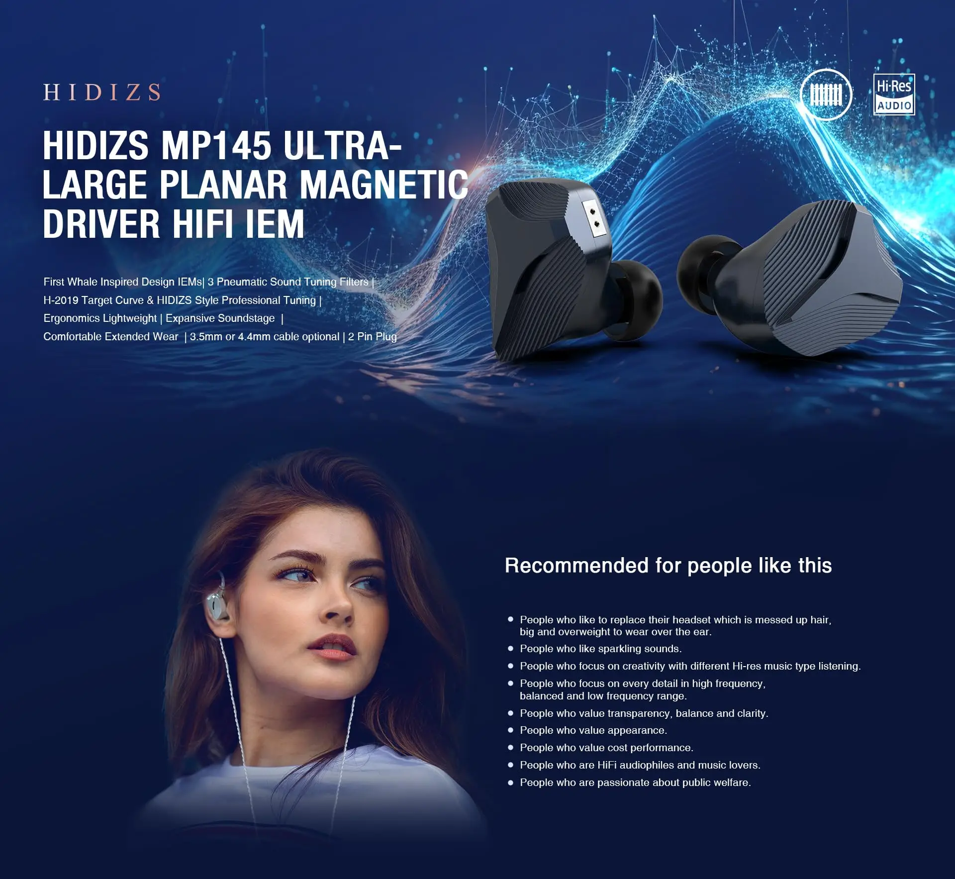 Monitor in-ear Hidizs MP145, IEM per auricolari HiFi con driver magnetico planare da 14,5 mm, auricolari da gioco cablati con cavo OFC a 2 pin staccabile