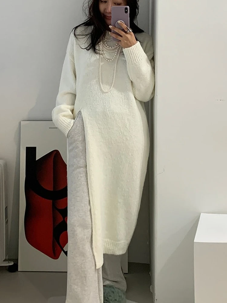 Winter Women Dress Oversize Dresses Knitting Fall Sweater Women Dress Long Sleeve Knitted Dresses Maxi Vintage Thick White Maxi