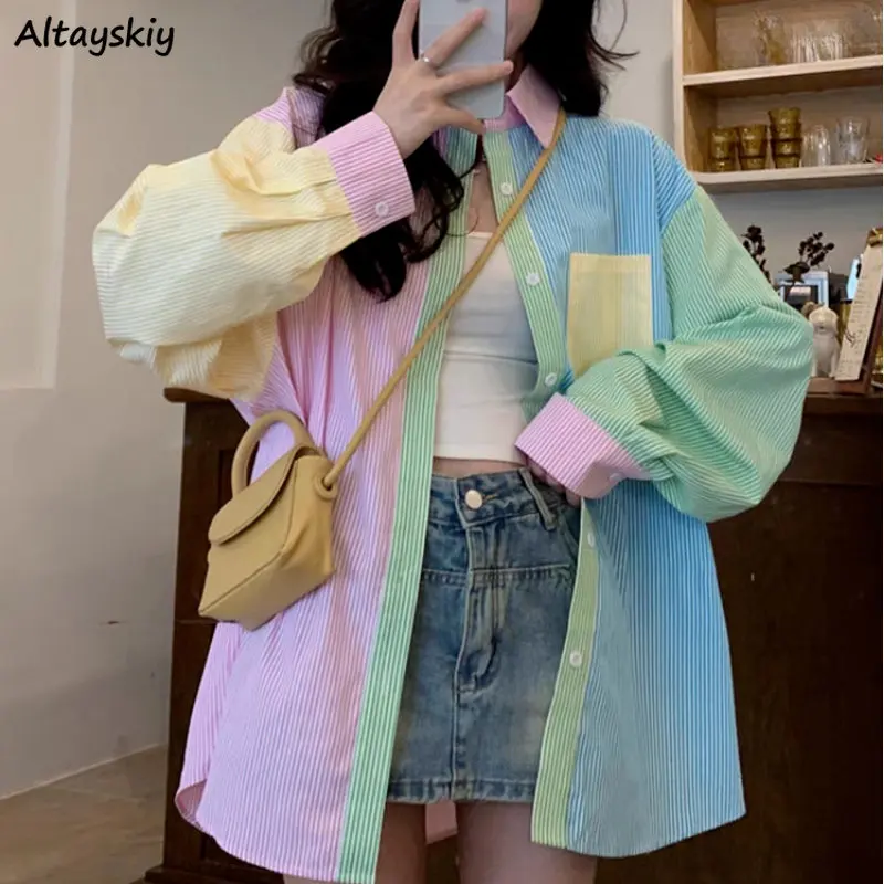 

Striped Shirts for Women Patchwork Design Sweet Young Girlish Camisas Mujer Spring Casual Korean Style Fashion All-match Daily