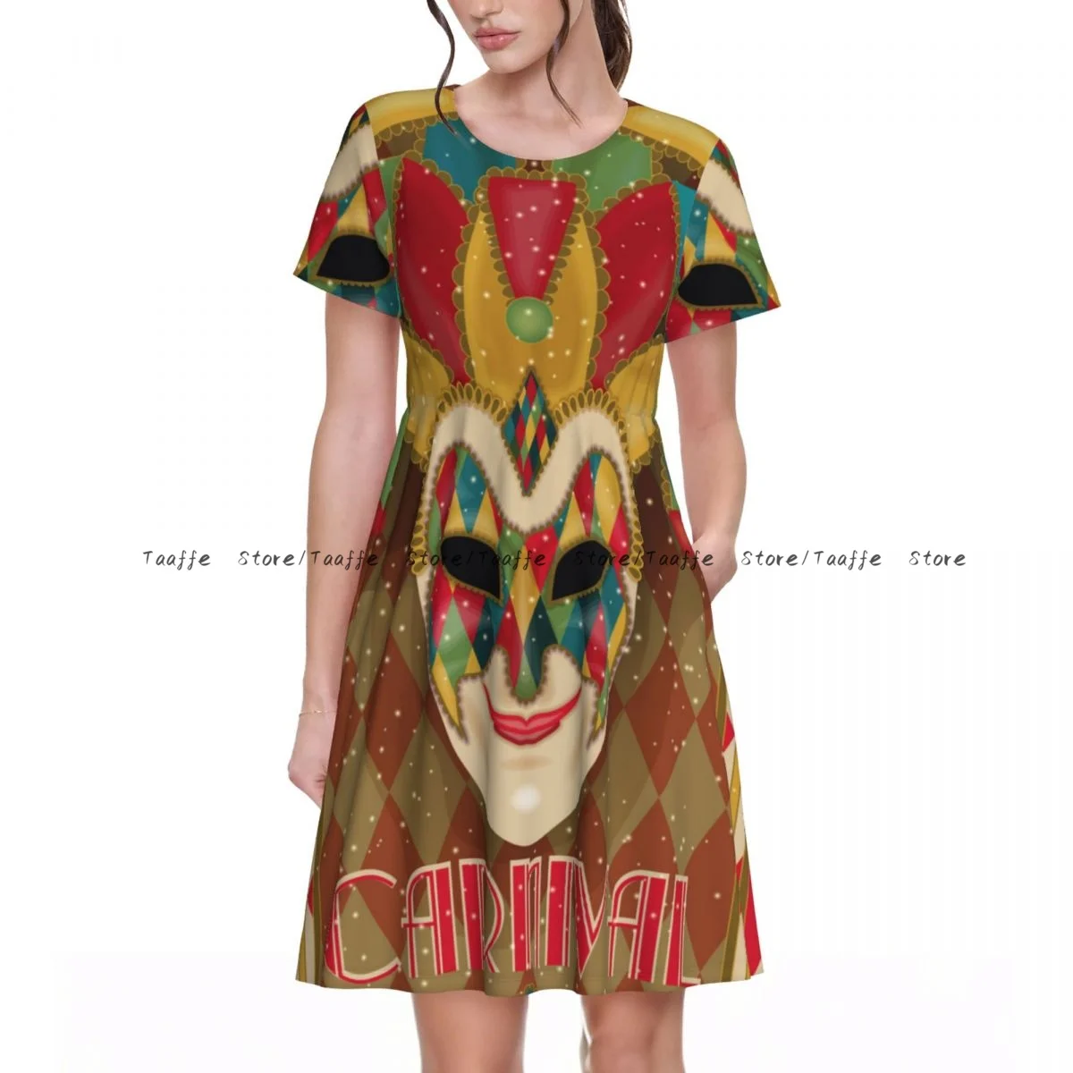 Summer Women Dress Venice Carnival Mask Casual Beach Holiday Short Sleeve Round Collar Woman Midi Dress