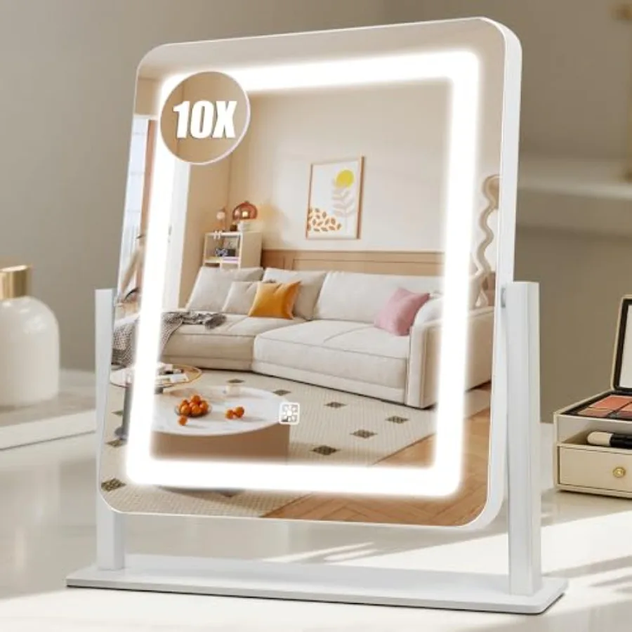 

Rechargeable Vanity Mirror with Lights, 3000mAH Battery, 15"×12.2" LED Makeup Mirror, 10X Magnification, Smart Touch with 3-Col