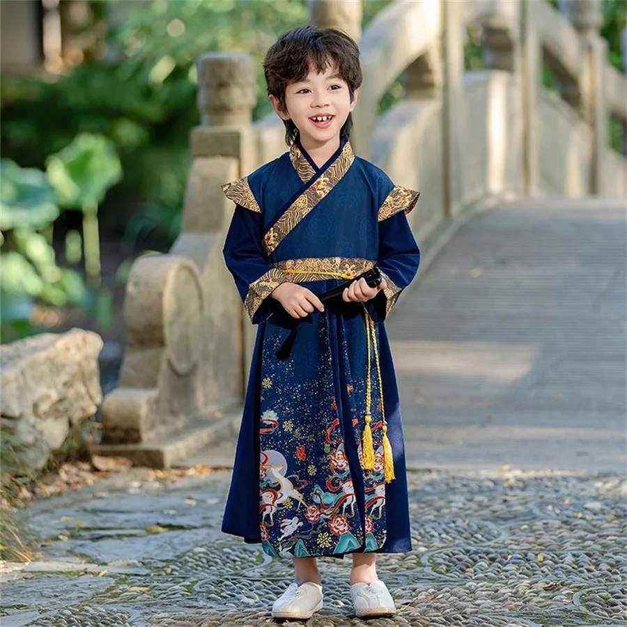 Crianças bordar hanfu antigo estudante traje menino & menina festa realizar fotografia vestido do bebê tradicional chinês roupas de ano novo