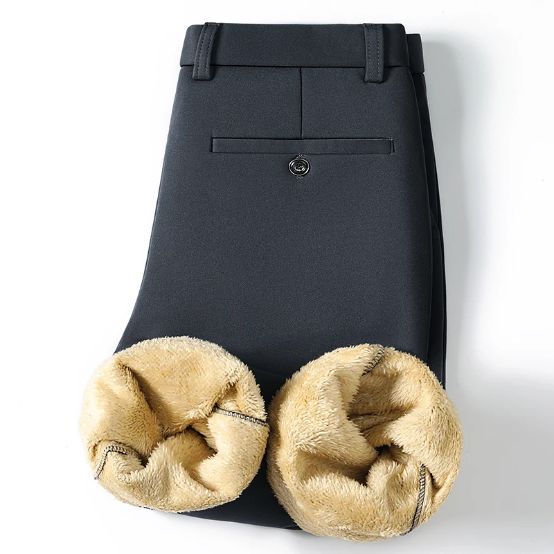 Herren Einfarbige Gerade Lange Winter-Anzughose Vollständig Lammfell-Futter Knitterfrei Thermisch Superwarm Kalte Jahreszeit Büro Formelle Hose – Detail 4