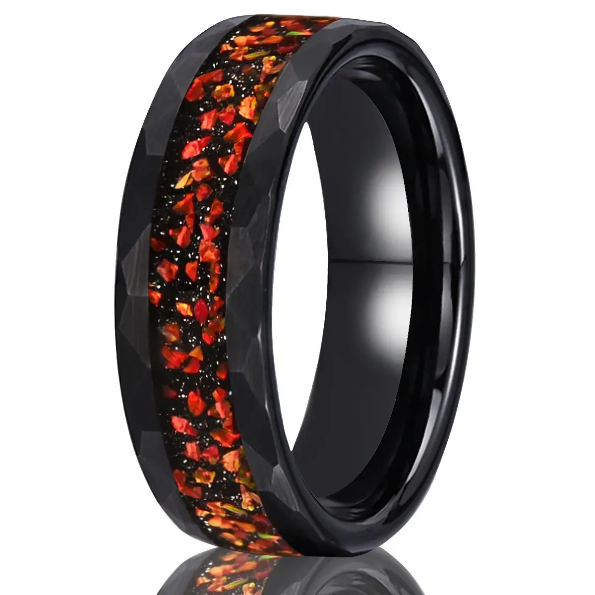 

Мужское обручальное кольцо из черного карбида вольфрама 8 мм с инкрустацией красным опалом, модное ювелирное украшение, кольцо для помолвки и обещаний.