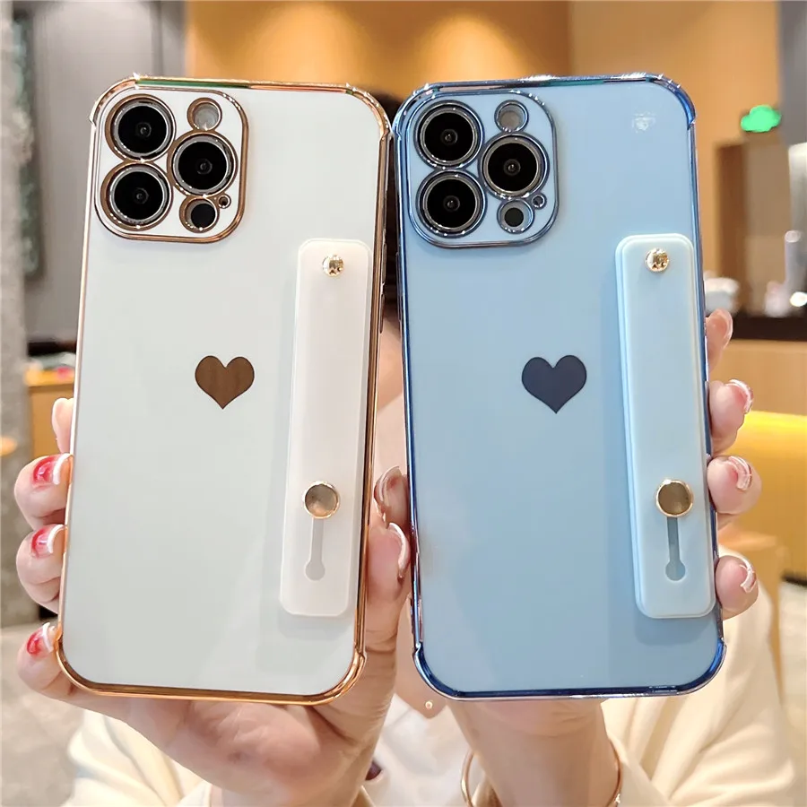 

For iphone 14 Plus 13 12 Pro Max Plating Love Heart Hand Strap Case For iphone 11 X XR XS Max 7 8 Plus Side Pattern Phone Cover