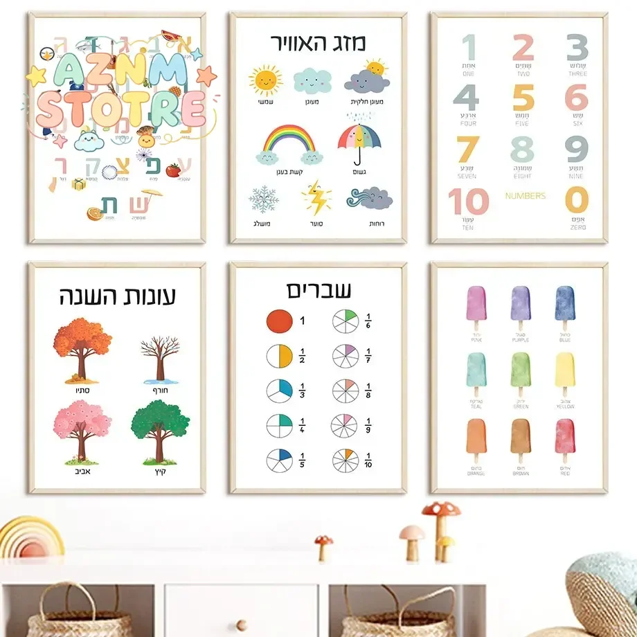 (2D canvas painting)  Hebrew Alphabet  Number Nursery Wall Art Canvas Nordic Style Educational Posters Weather Theme Kids Roo
