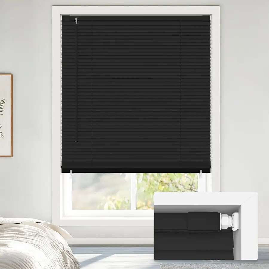 

No Tools No Drill Cordless 1 Vinyl Mini Blinds, 100 Blackout Blinds for Indoor Windows, Room Darkening Privacy Window Blinds and