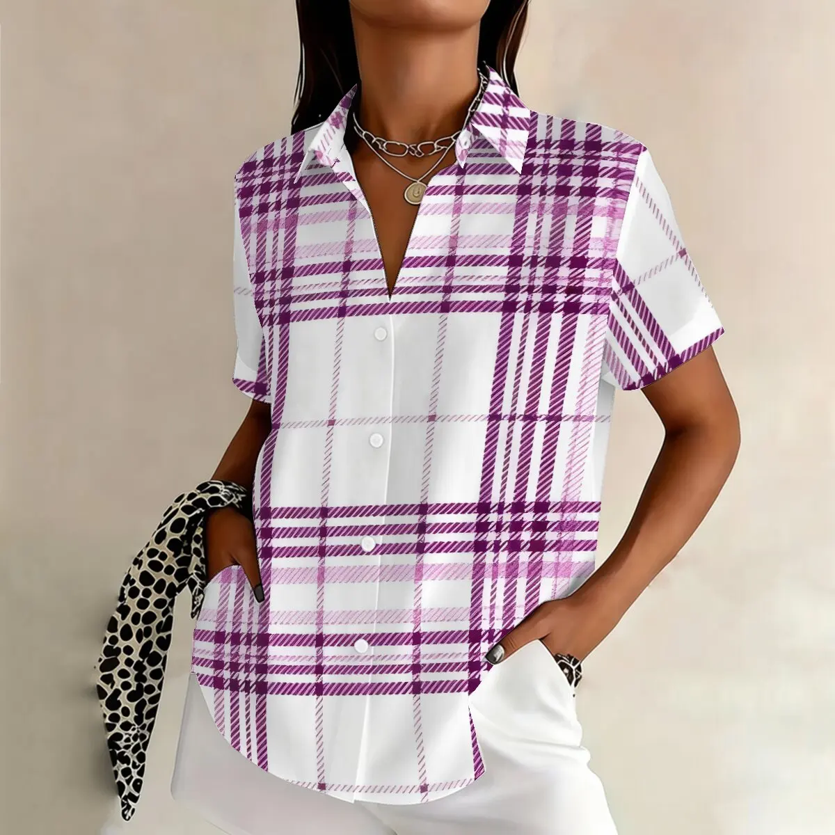 

Personalized simple line printed women's summer collar short sleeved shirt, fashionable daily casual versatile top