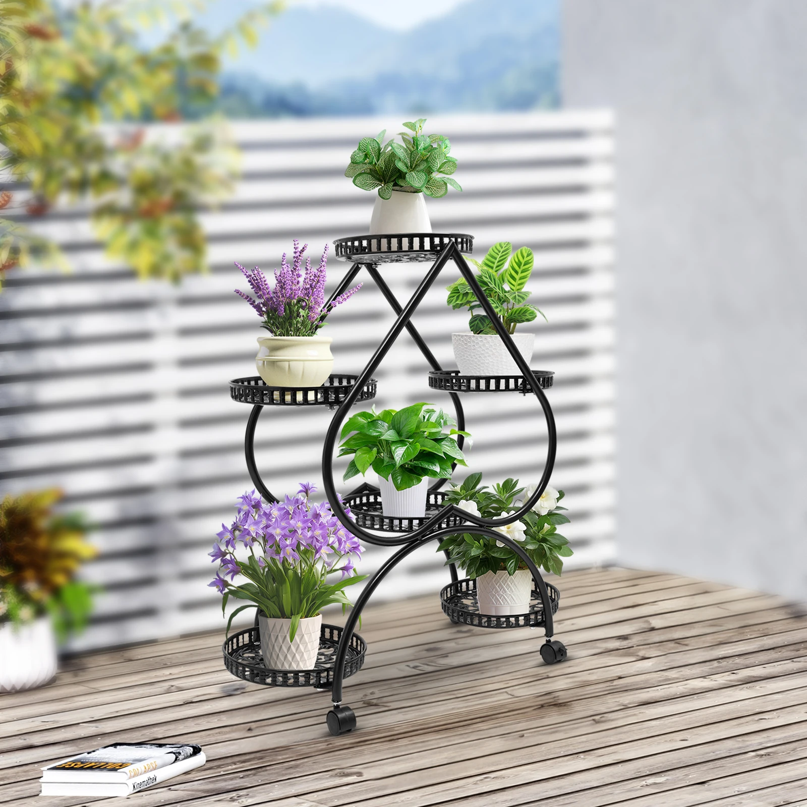 Black Metal Plant Flowerpot Stands 6 Pots Plants Flower Stand for Patio Garden Living Room Corner Balcony and Bedroom