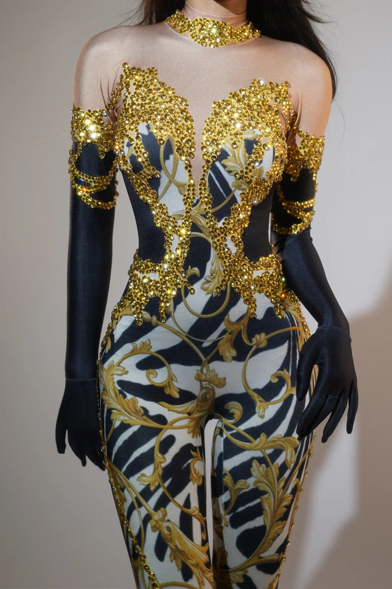 

Rhinestones Halloween Outfit Women Sexy Skinny Party Jumpsuit Gloves Nightclub Celebrate Bar Performance Costume